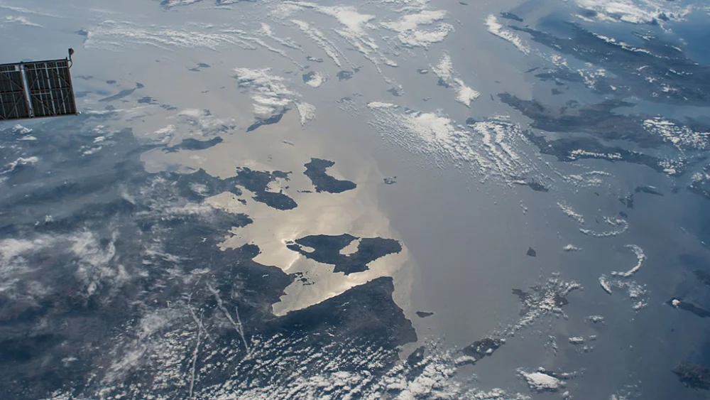 The Turkish Aegean coast (at left) and the southern islands of Greece (upper right). This image was taken from the International Space Station, orbiting 256 miles above the Aegean Sea, on Oct. 10, 2018. Credit: NASA via Wikimedia Commons.