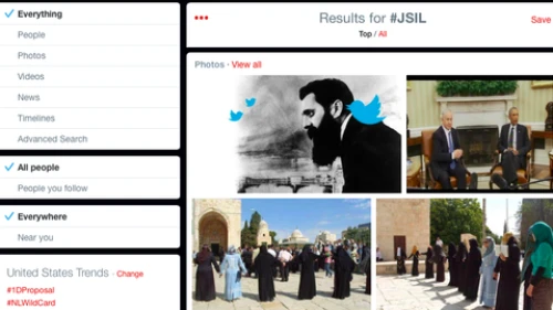 Click photo to download. Caption: The Twitter page of the #JSIL hashtag, which equates Israel and the Islamic State terror group. Credit: Twitter.