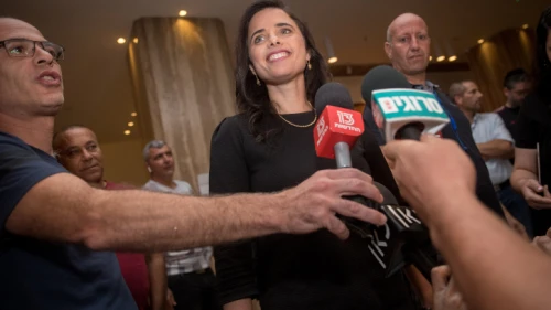New Right Party chair Ayelet Shaked arrives at the Ramada Hotel in Jerusalem for a meeting with Jewish Home Party chair Rafi Peretz after announcing their union in Jerusalem ahead of the September elections, July 28, 2019. Photo by Yonatan Sindel/Flash90.