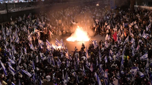 Israelis block the Ayalon Highway in Tel Aviv during a protest against the Israeli government's planned judicial overhaul on March 26, 2023. Photo by Tomer Neuberg/Flash90.