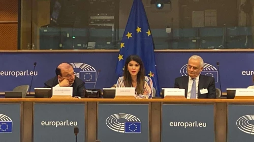 (L-R) MEP Fulvio Martusciello, Manel Mslalmi and Dr. Charles Asher Small speak at the E.U. Parliament in Brussels, Oct. 15, 2024. Credit: Courtesy.