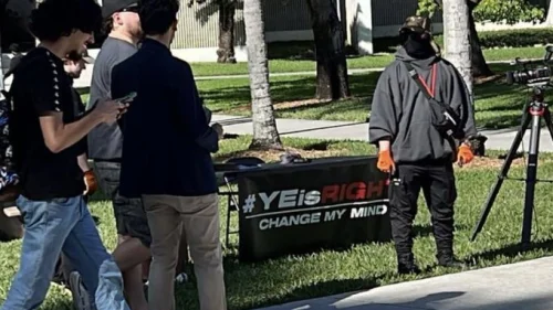 Antisemites man a table at Florida International University in Miami as part of the “Ye is Right” campaign, Feb. 10, 2023. Credit: Miami Against Fascism/Twitter.