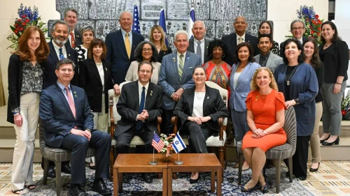 President Isaac Herzog and his wife, Michal Herzog, with Democratic Congress members in Jerusalem, March 28, 2024. Photo by Maayan Toaf/GPO.