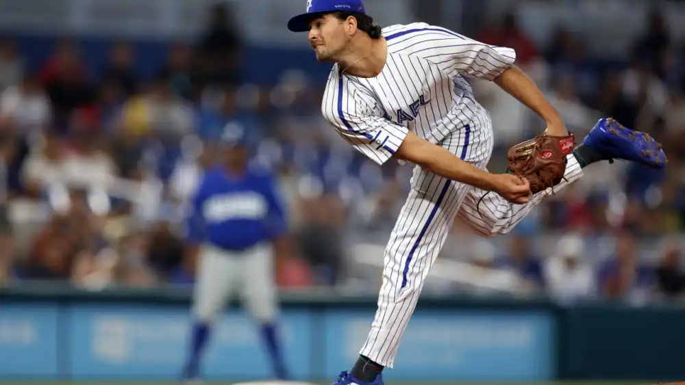 Dean Kremer of Team Israel pitches against Nicaragua at the World Baseball Classic in Miami on March 12, 2023. Credit: Courtesy of Major League Baseball.