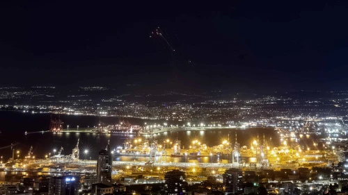 Israeli air defenses intercept missiles fired from Lebanon, as seen from the northern Israeli city of Haifa, Sept. 24, 2024. Photo by Chaim Goldberg/Flash90.