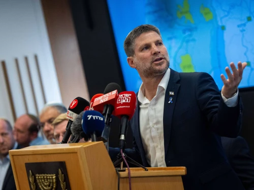Israeli Finance Minister Bezalel Smotrich holds a press conference with Judea and Samaria mayors, at the Finance Ministry in Jerusalem, Sept. 3, 2025. Photo by Yonatan Sindel/Flash90.