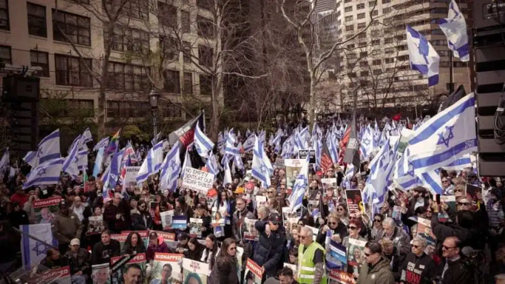 A demonstration in New York at the U.N. headquarters calling for the return of the hostages being held by Hamas in Gaza, April 7, 2024. Credit: Hostage and Missing Families Forum.