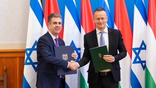 Israeli Foreign Minister Eli Cohen, left, with Hungarian Foreign Minister Péter Szijjárto in Budapest on May 31, 2023. Source: Eli Cohen via Twitter