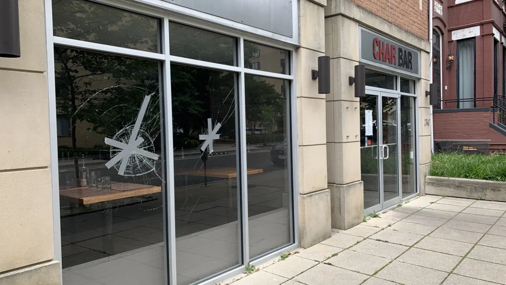 Some of the windows at Char Bar, one of the few kosher restaurants in Washington, D.C., were smashed during riots on June 1, 2020. Source: Aaron Keyak via Twitter.