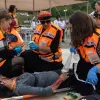 United Hatzalah women volunteers treat a “victim” in a simulation of a mass-casualty training event in April 2023. Credit: Courtesy.