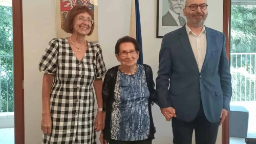 From left: Czech Ambassador to Israel Veronika Kuchyňová Šmigolová, Holocaust survivor Ester Ringel and Jan Roubinek, director of the Terezin Memorial attend an event at the Czech embassy in Tel Aviv, June 2024. Credit: Courtesy.