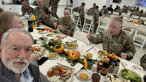 U.S. Ambassador to Israel Mike Huckabee and his wife, Janet, celebrate Thanksgiving together with American service members stationed in Kiryat Gat, Israel, on Nov. 27, 2025. Credit: The U.S. Embassy Jerusalem.
