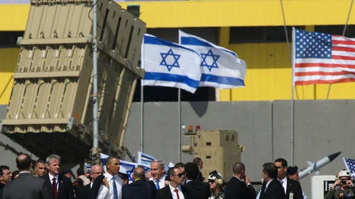 U.S. President Barack Obama, Israeli Prime Minister Benjamin Netanyahu and other officials next to an Iron Dome battery near Tel Aviv in March 2013. Photo by Nati Shohat/Flash90.