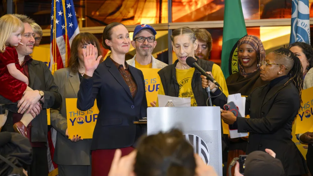 Katie Wilson is sworn in as mayor of Seattle, Jan. 2, 2026. Credit: Seattle mayor’s office.
