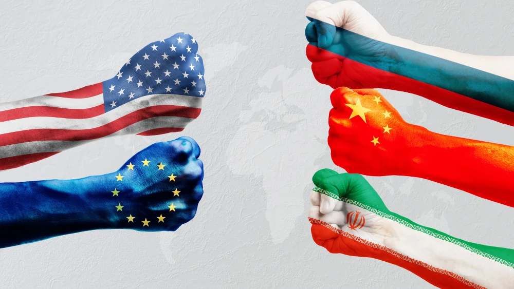 The main players shaping the year-long Ukraine war: The United States of America, the European Union, Russia, Iran and China. Credit: Khanthachai C/Shutterstock.