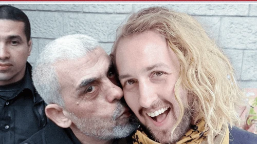 A photomontage shows comedian L.E. Staiman in character as Lyle Culpepper getting kissed by Hamas leader Yahiya Sinwar. Image by L.E. Staiman