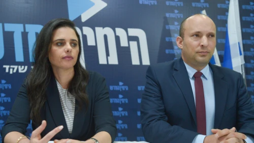 Israeli Education Minister Naftali Bennett and Justice Minister Ayelet Shaked hold a press confrence in Tel Aviv on March 17, 2019. Photo by Flash90.