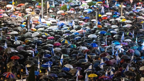Thousands of Israelis protest against the proposed changes to the legal system at Habima square in Tel Aviv, Jan. 14, 2023. Photo by Yonatan Sindel/Flash90.