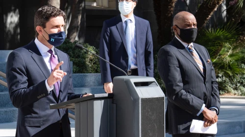 California Assemblyman Jesse Gabriel, chair of the California Legislative Jewish Caucus, speaksin the state capital of Sacramento, February 2021. Source: Jewish Caucus via Twitter.