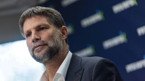 Israeli Finance Minister Bezalel Smotrich (Religious Zionism Party) leads a faction meeting at the Knesset, the Israeli parliament in Jerusalem, Feb. 23, 2026. Photo by Yonatan Sindel/Flash90.