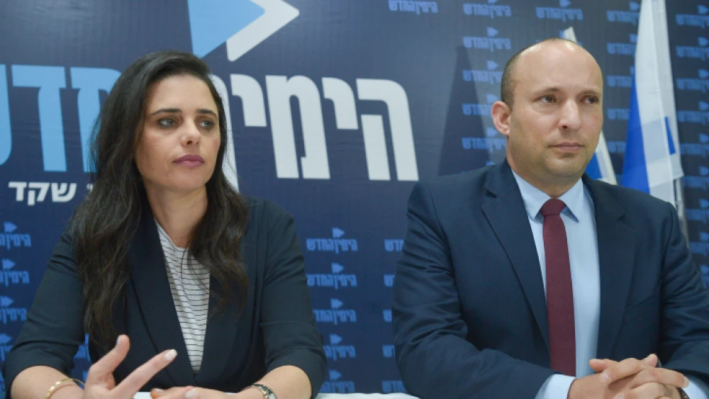 Israeli Education Minister Naftali Bennett and Justice Minister Ayelet Shaked hold a press confrence in Tel Aviv on March 17, 2019. Photo by Flash90.