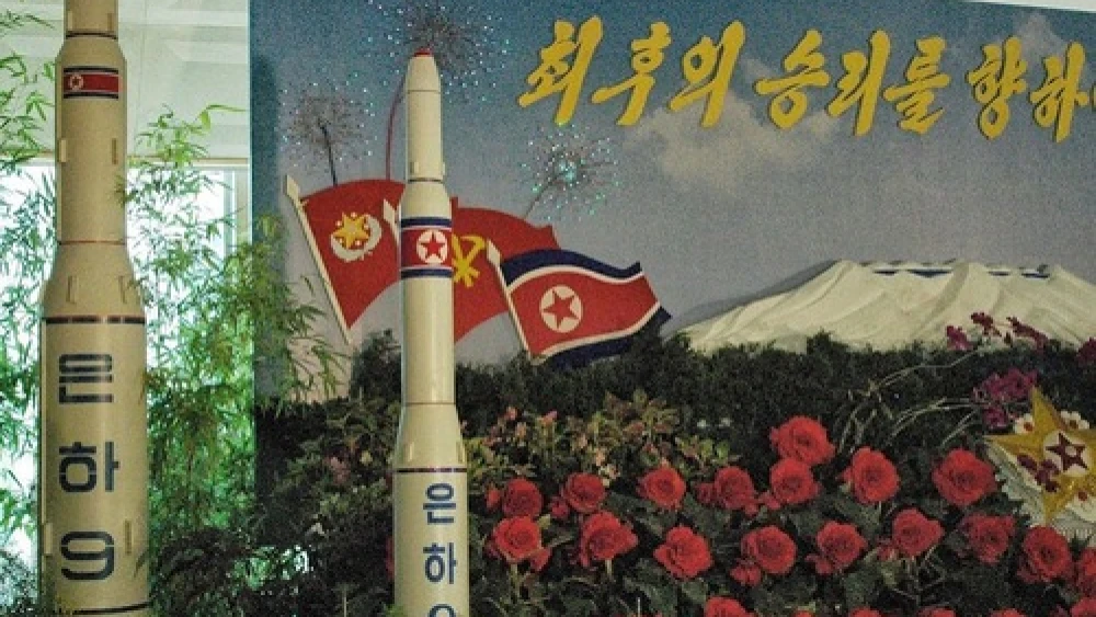 A model of a North Korean Unha-9 rocket on display in Pyongyang, North Korea, in August 2013. Credit: Steve Herman via Wikimedia Commons.