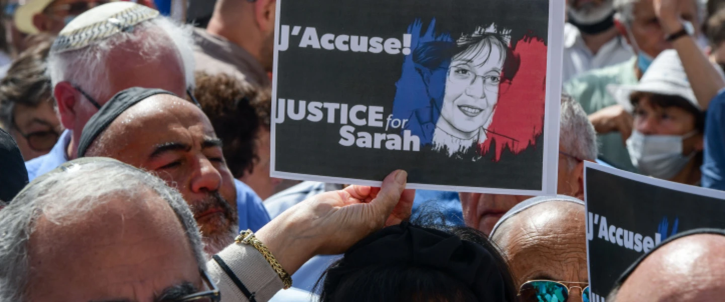 Protesters gather at the French embassy in Tel Aviv to demand justice for Sarah Halimi, who was murdered in 2017 by her Muslim neighbor in Paris, April 25, 2021. Photo by Avshalom Sassoni/Flash90.