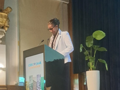 Ayaan Hirsi Ali speaks in Amsterdam on May 18, 2025. Photo Credit: Courtesy of CIDI.
