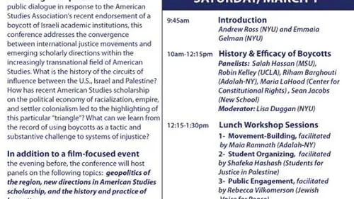 Click photo to download. Caption: A flyer for a Feb. 28-March 1 anti-Israel event at NYU titled “Circuits of Influence: U.S., Israel, and Palestine,” hosted by the American Studies Association's president-elect. Credit: Facebook.