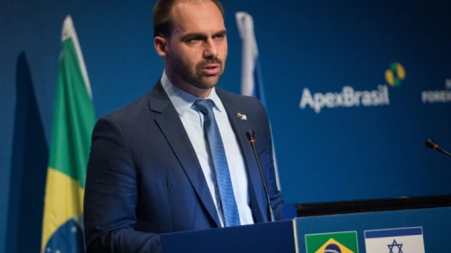 Eduardo Bolsonaro, Brazilian federal deputy and son of Brazilian President Jair Bolsonaro, speaks an event opening the Brazilian Trade and Investment Promotion Agency in Jerusalem, Dec. 15, 2019. Photo by Hadas Parush/Flash90.