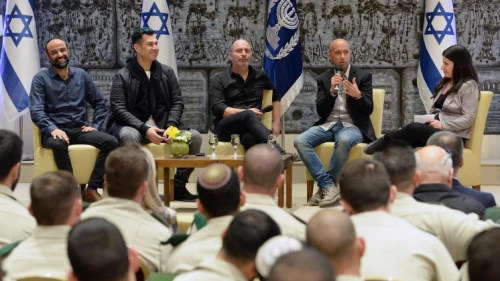Then-Israeli President Reuven Rivlin (not seen) hosts the stars of the Israeli series "Fauda" and members of Israel's special undercover police unit at the President's Residence in Jerusalem, Feb. 7, 2018. Photo by Mark Neyman/GPO.