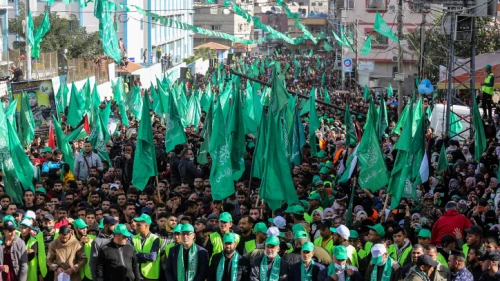 Thousands of Palestinians attend a rally in Jabalia, in the northern Gaza Strip, marking the 34th anniversary of the Hamas Islamic movement, Dec. 10, 2021. Photo by Atia Mohammed/Flash90.