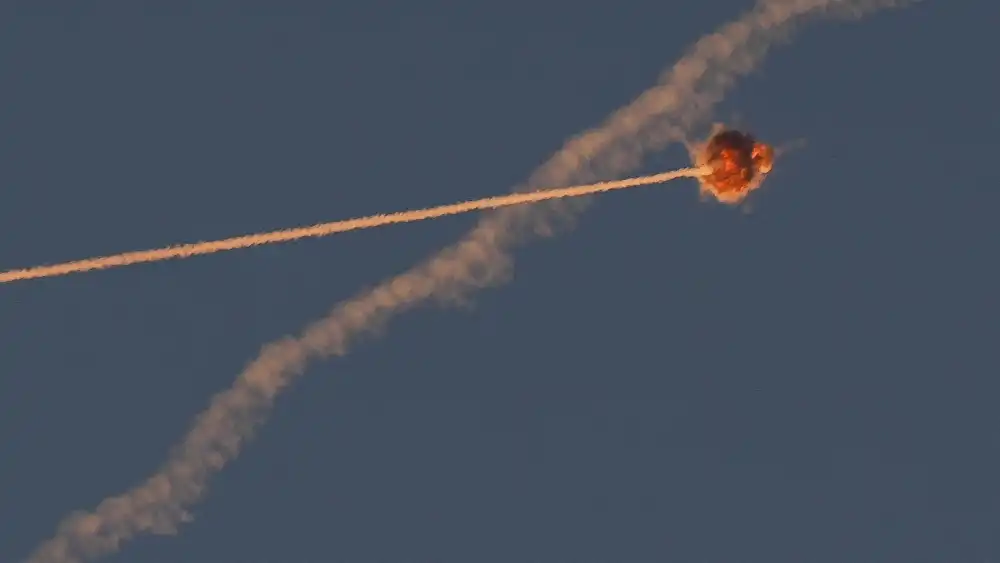 Israel's air-defense systems fire interception missiles at Hezbollah rockets from Lebanon near Safed, June 27, 2024. Photo by Ayal Margolin/Flash90.