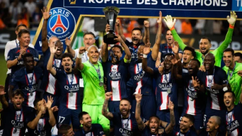 PSG players celebrate with the trophy their win in the French Super Cup match against Nantes at Bloomfield Stadium in Tel Aviv on July 31, 2022. Photo by Oren Ben Hakoon/Flash90.
