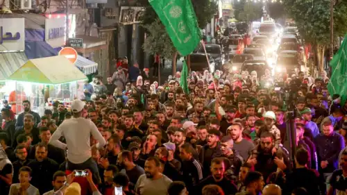 Palestinians in Ramallah march in support of Hamas and the Gaza Strip on Oct. 10, 2023. Photo by Flash90.