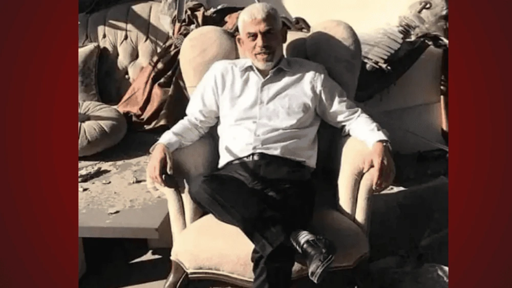 Hamas leader Yahya Sinwar in the ruins of his Gaza office, May 27, 2021. Credit: Courtesy.