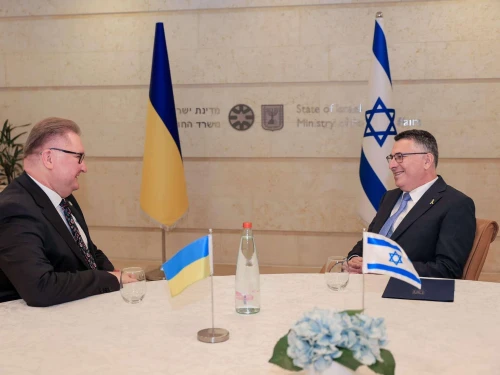 Ukrainian Deputy Prime Minister for European and Euro-Atlantic Integration Taras Kachka (left) speaks with Israeli Foreign Minister Gideon Sa'ar in Jerusalem on Dec. 3, 2025. Credit: Israel's Ministry of Foreign Affairs.