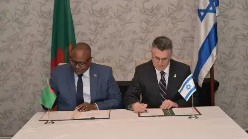 Mulambo Haimbe and Gideon Sa'ar, right, attend the reopening ceremony of Israel's embassy in Lusaka, Zambia on Aug. 20, 2025. Photo courtesy of the Ministry of Foreign Affairs of the State of Israel.