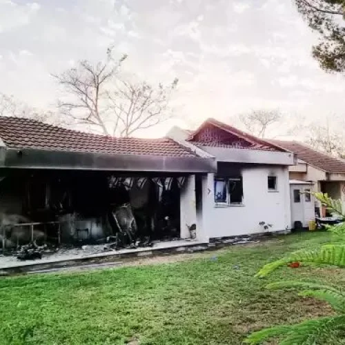 A home at Kibbutz Nir Oz destroyed by Hamas terrorists. Photo by Shahar Vahab.