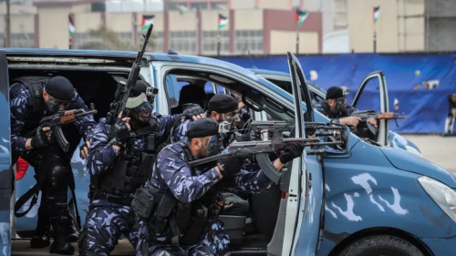 Hamas police cadets take part in a graduation ceremony at the Arafat Police Headquarters in Gaza City, April 20, 2019. Photo Hassan Jedi/Flash90.