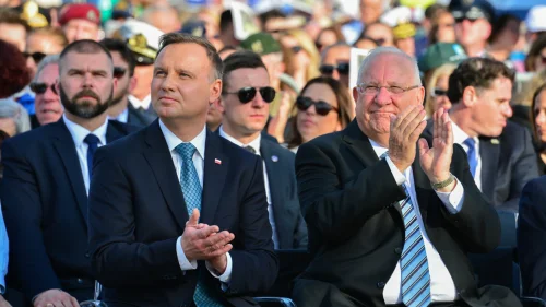 Polish President Andrzej Duda and former Israeli President Reuven Rivlin attend a ceremony as part of the “March of the Living” program at Auschwitz-Birkenau in Poland as Israel marked annual Holocaust Memorial Day on April 12, 2018. Photo by Yossi Zeliger/Flash90.