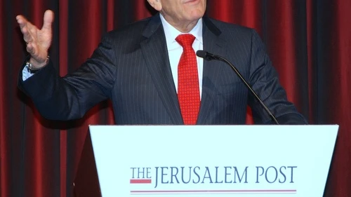 Click photo to download. Caption: Former Israeli prime minister Ehud Olmert speaks at Sunday's Jerusalem Post Conference in New York. Credit: Maxine Dovere.