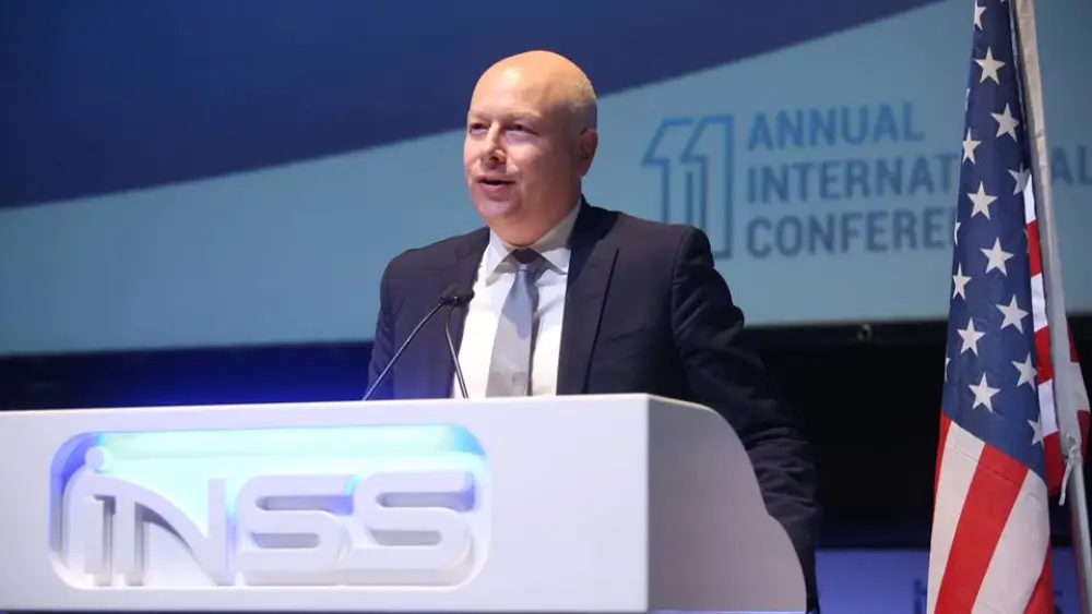 U.S. special envoy Jason Greenblatt addresses the 11th annual conference of the Institute for National Security Studies, Jan. 30, 2018. Credit: INSS via Facebook.