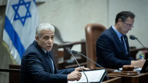 Opposition leader Yair Lapid addresses the Knesset, July 30, 2023. Photo by Yonatan Sindel/Flash90.