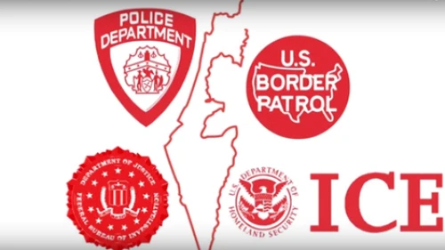 Logos of U.S. government agencies surround a map of Israel in a scene from a video promoting Jewish Voice for Peace’s “Deadly Exchange” campaign, which opposes initiatives that promote joint training programs between American police and Israeli security forces. Credit: YouTube.