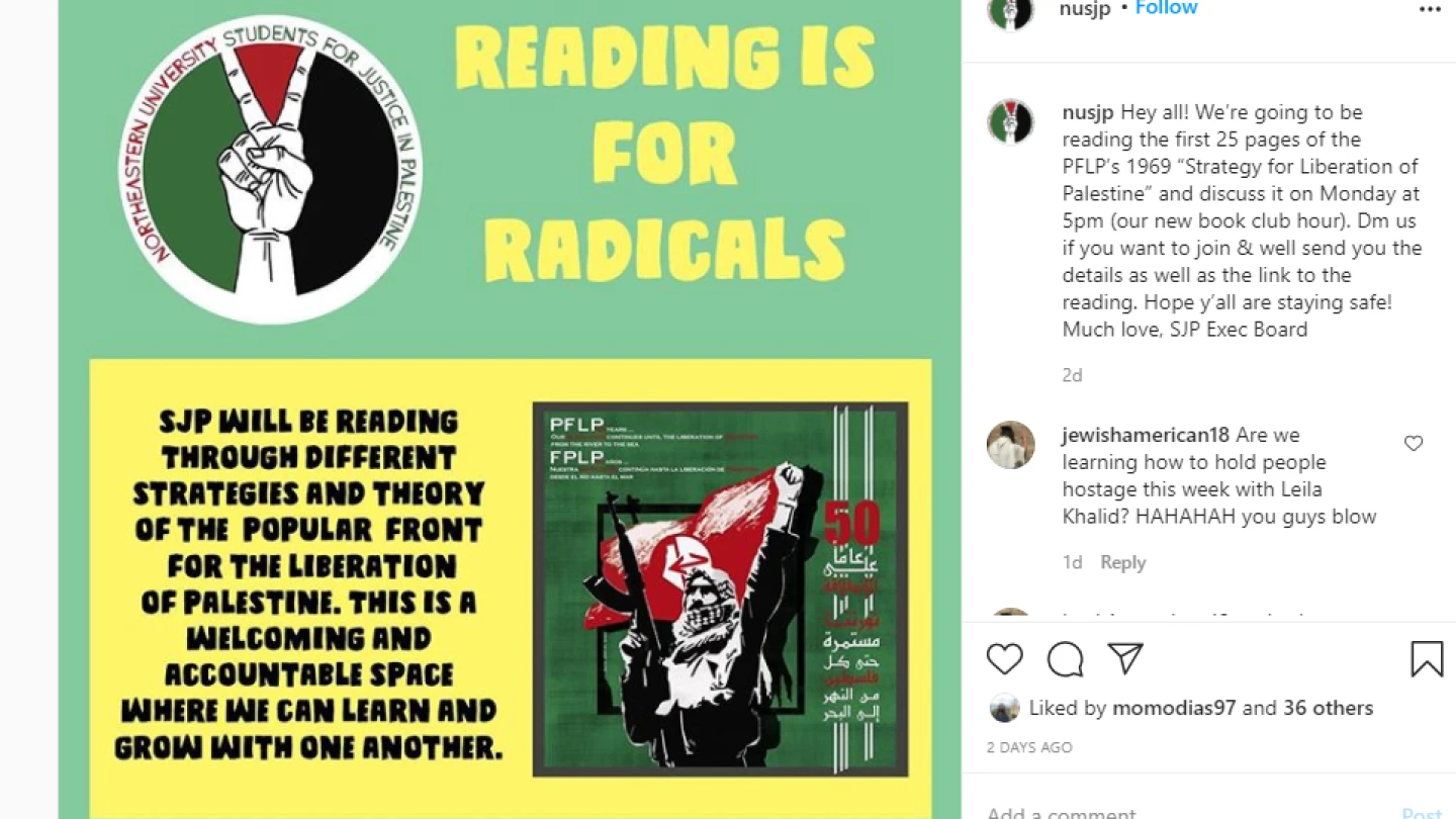 The Students for Justice in Palestine chapter at Northeastern University in Boston has promoted the U.S.-designated terrorist group Popular Front for the Liberation of Palestine (PFLP). Credit: Courtesy.