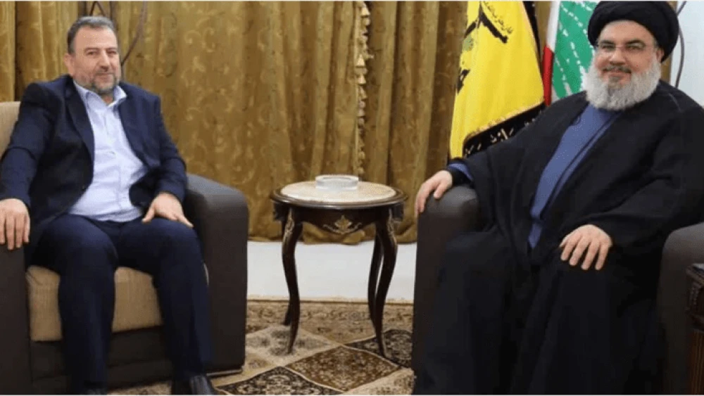 Deputy Hamas leader Saleh al-Arouri (left) and Hezbollah chief Hassan Nasrallah meet in Beirut in 2017. Credit: Hezbollah press office.