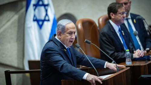 Israeli Prime Minister Benjamin Netanyahu speaks during a plenary session of the opening day of the winter session at the Knesset, the Israeli parliament, in Jerusalem, Oct. 28, 2024. Photo by Yonatan Sindel/Flash90.