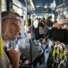 Passengers aboard the Jerusalem light rail on April 21, 2020. Photo by Olivier Fitoussi/Flash90.