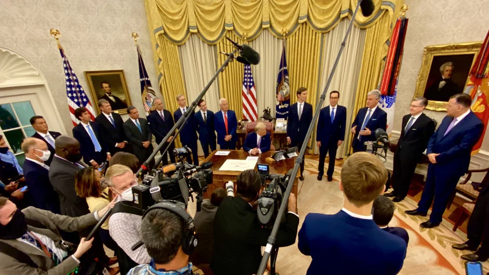 Members of U.S. President Donald Trump's Middle East peace team and foreign dignitaries from the United Arab Emirates gather at the White House on Aug. 13, 2020. Credit: White House Deputy Chief of Staff for Communications Dan Scavino Jr./Twitter.